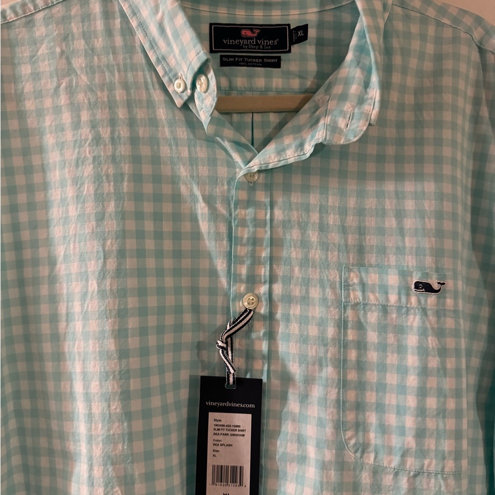 Vineyard Vines mens teal and white checked button down, new with tags